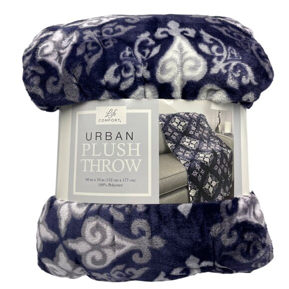 Life Comfort Urban Plush Throw 60" X 70" Soft Polyester Blanket Blue & White Ele - Picture 1 of 10